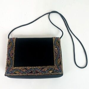 ADG Beaded Black Satin Evening Shoulder Bag  7.5“ x 5.5“ x 1.5“